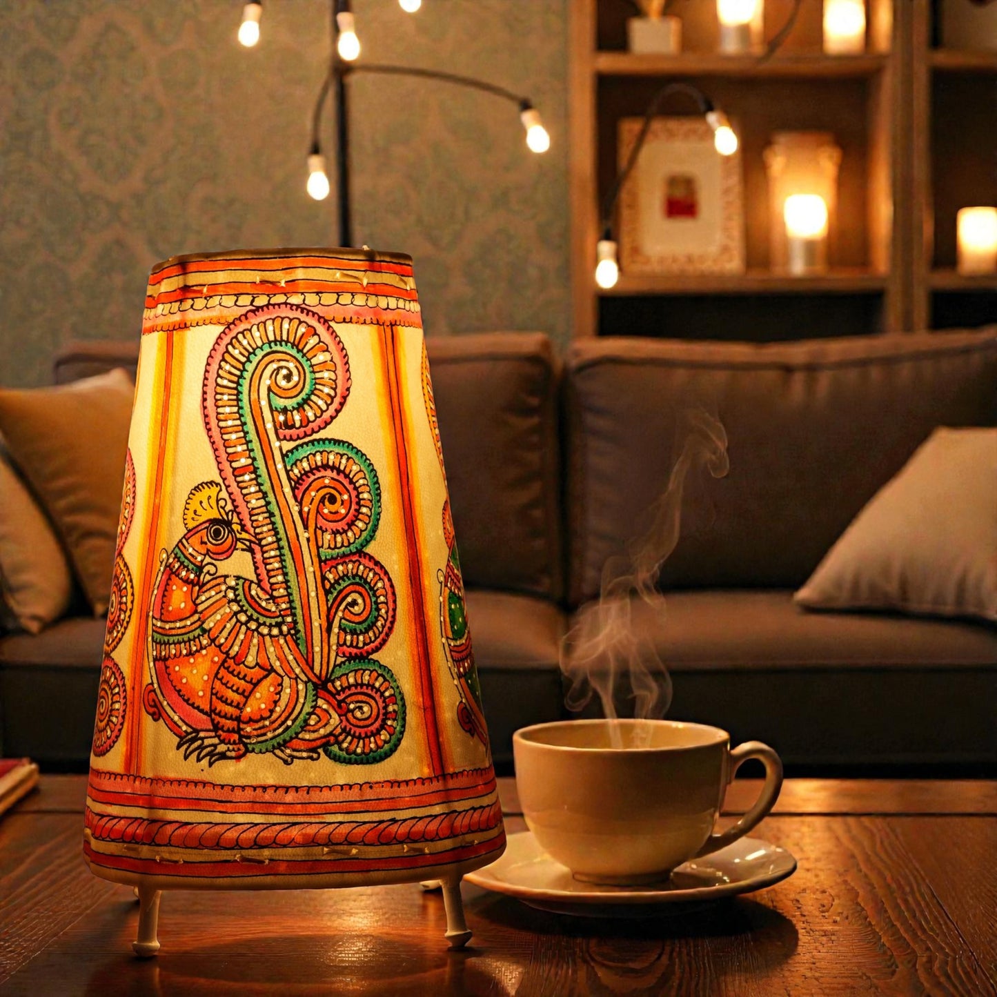 Round peacock Leather Lamp