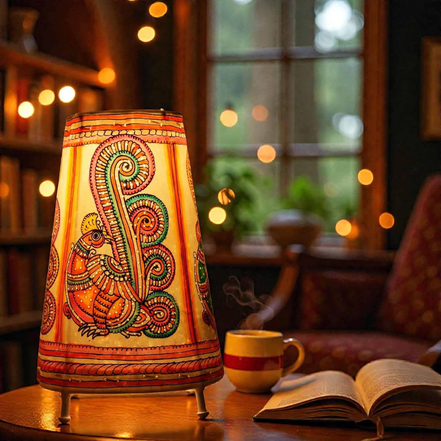 Round peacock Leather Lamp